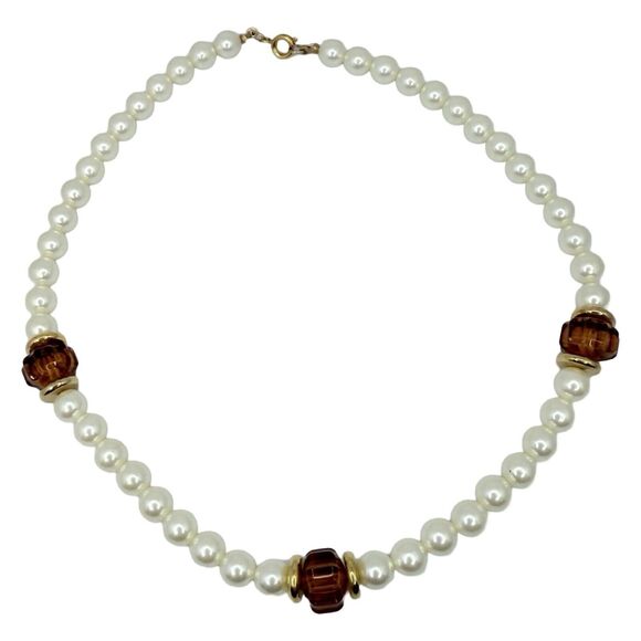 Faux Amber Glass Beaded Pearl Necklace 17" Gold Tone Element Girlcore Trendy - Picture 4 of 10